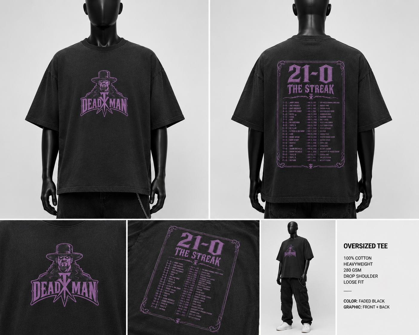 Deadman The Streak 21-0  Oversized Wrestling Tee